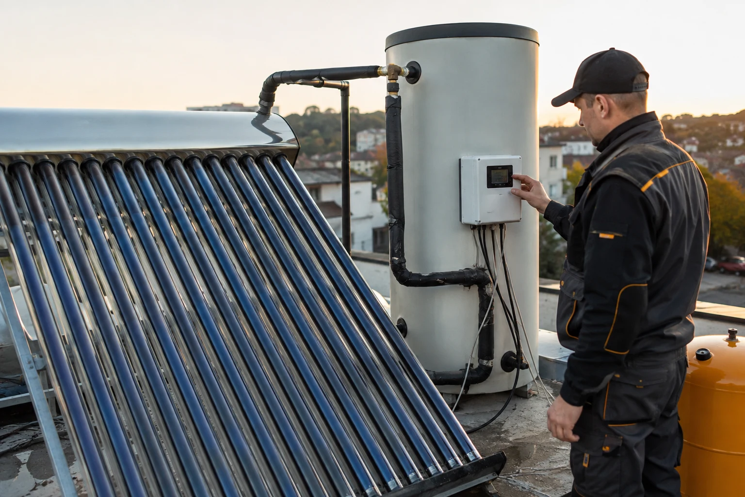A rooftop solar thermal collector with the supply and return lines and the collector temperature sensor clamped to the header pipe, the common failure point when a solar water heater stops making hot water