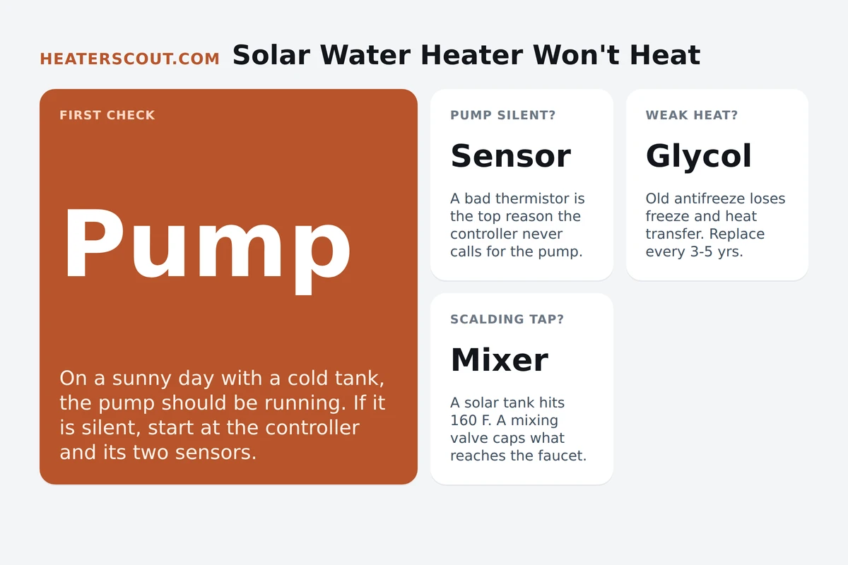 Solar water heater troubleshooting chart: on a sunny day check the pump first, then a failed thermistor sensor, degraded glycol, and a mixing valve for scalding, with the differential controller comparing collector and tank temperatures