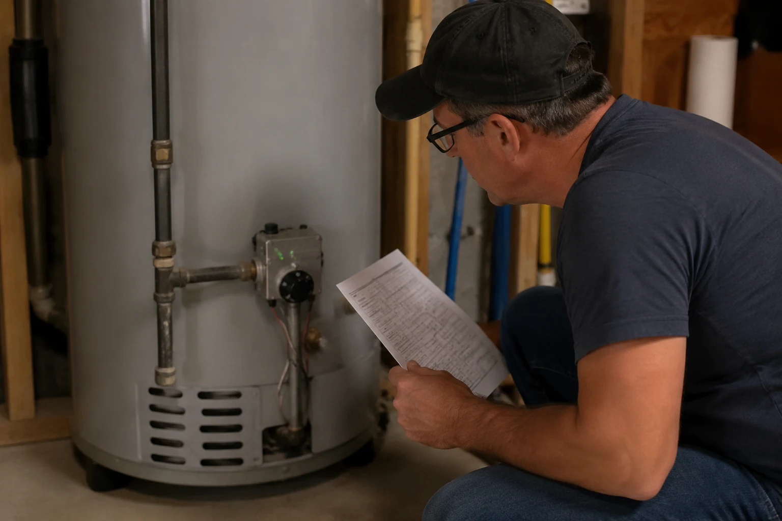 A State gas control valve at the base of a water heater with the Honeywell status light and temperature dial visible, the point where flash codes are read and the dial reset is performed