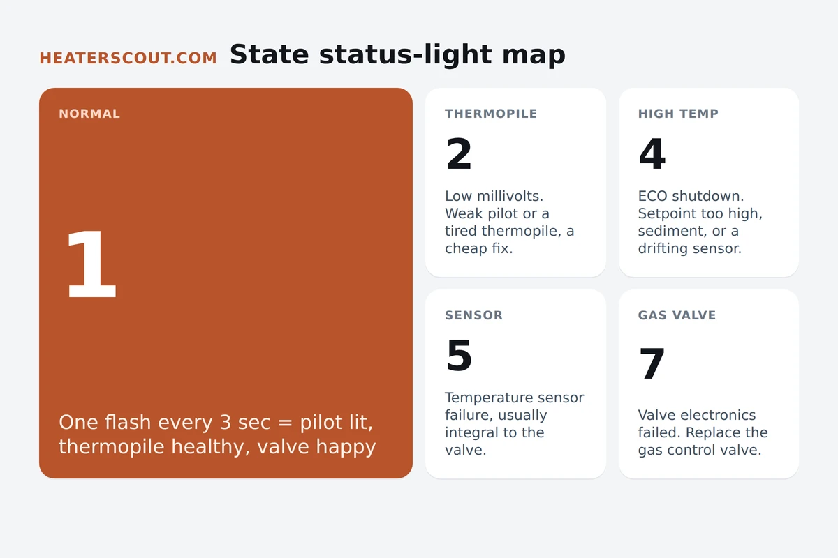State water heater status-light flash-code map showing 1 flash as normal and 2, 4, 5, and 7 flashes as the common fault codes on the Honeywell gas control valve with their likely causes