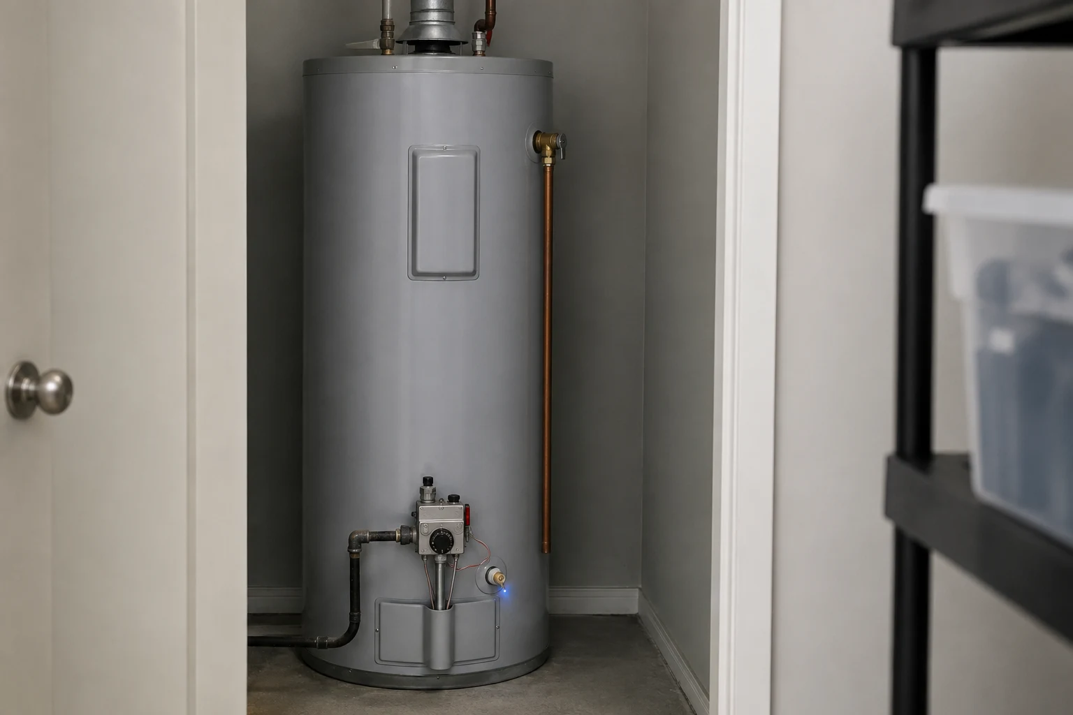 A State residential storage water heater with the gas control valve and status light at the base, the temperature and pressure relief valve on the side, and the upper thermostat access panel, the spots a homeowner checks when troubleshooting