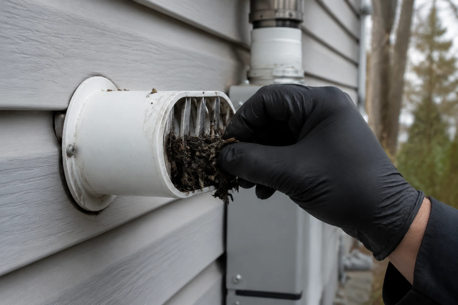 Technician checking the concentric vent terminal and condensate line on an outdoor Takagi tankless unit