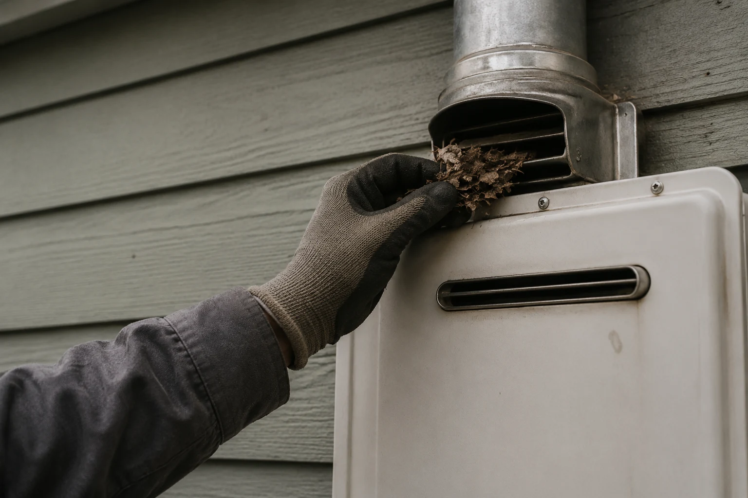 A Takagi tankless water heater intake and exhaust vent terminals on an exterior wall, one screen packed with lint and debris