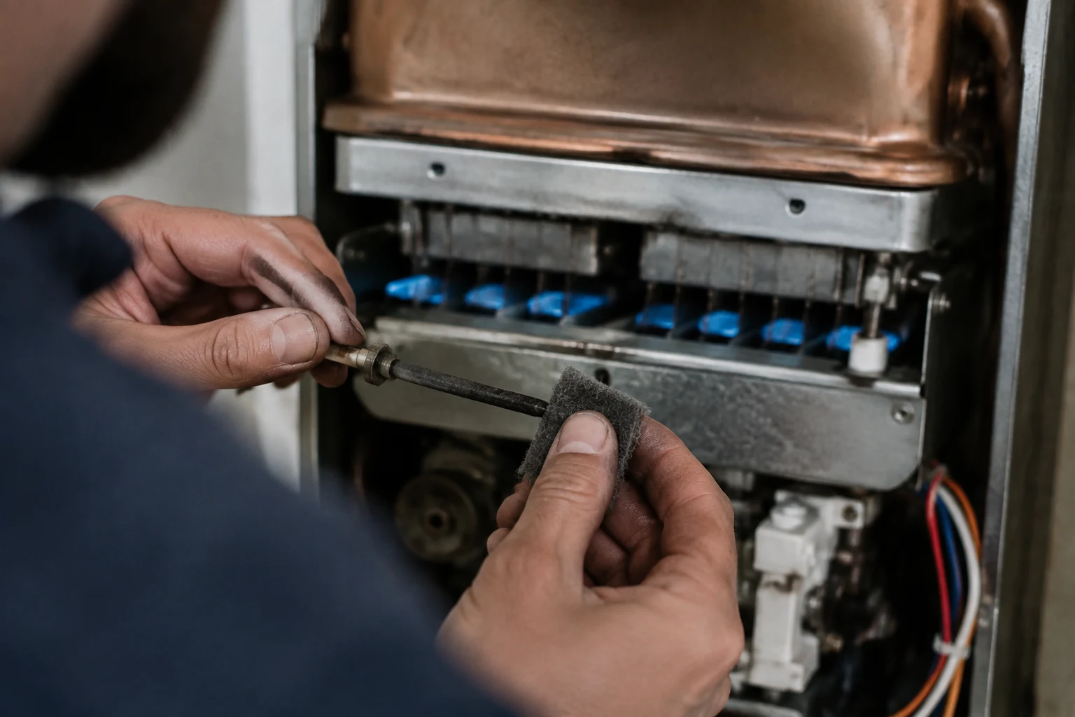 Technician inspecting the flame rod and burner assembly of a Takagi tankless water heater during a code 121 diagnosis