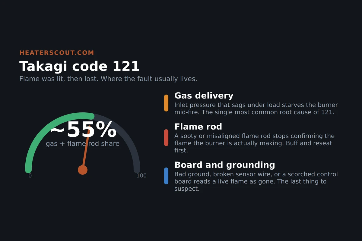 Radial gauge showing that gas delivery and the flame rod account for most Takagi code 121 flame-failure faults