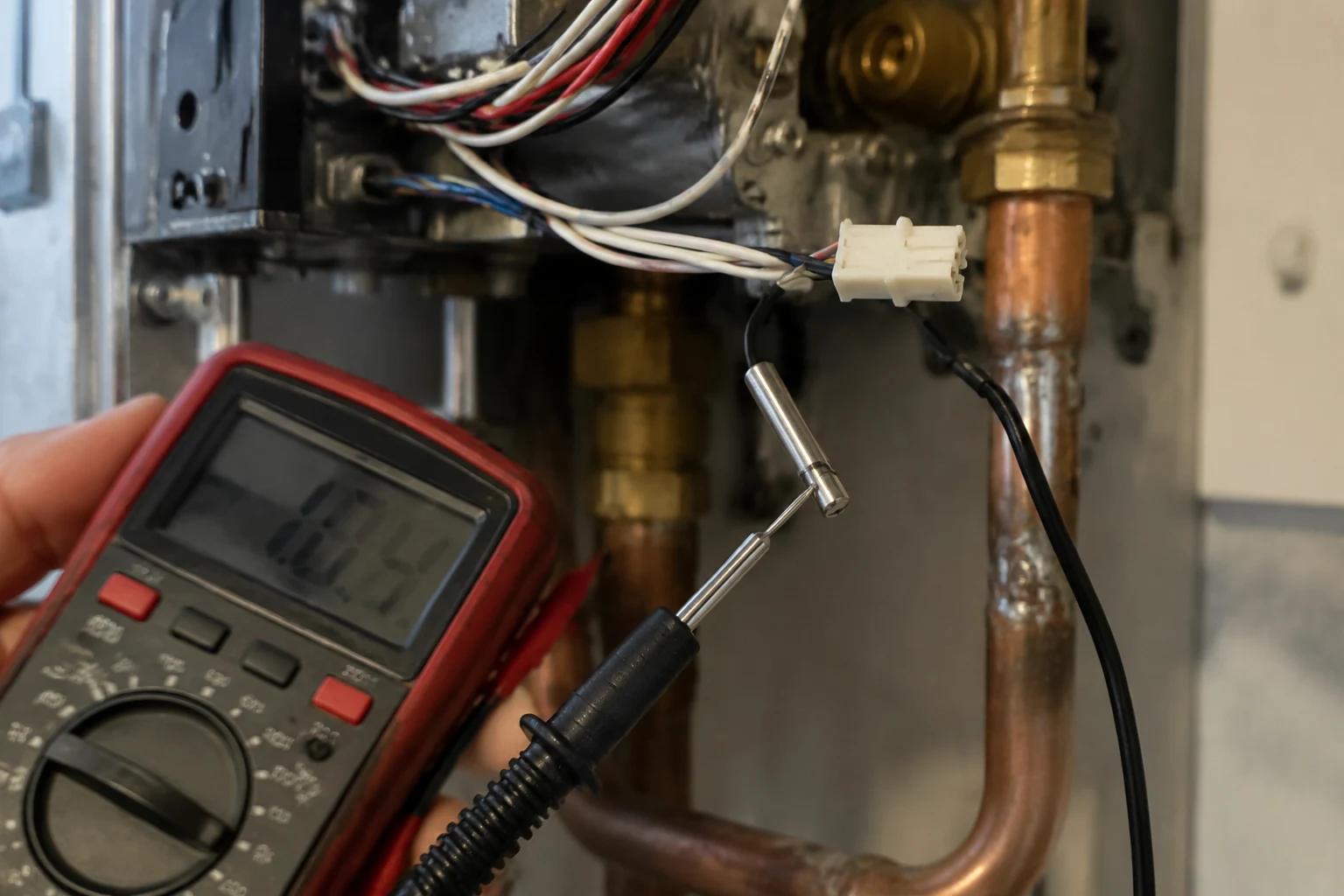 Technician using a multimeter to test the resistance of a Takagi outlet thermistor inside the opened heat exchanger cabinet