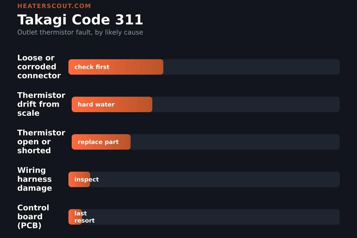 Bar chart infographic showing Takagi error code 311 outlet thermistor fault broken down by likely cause