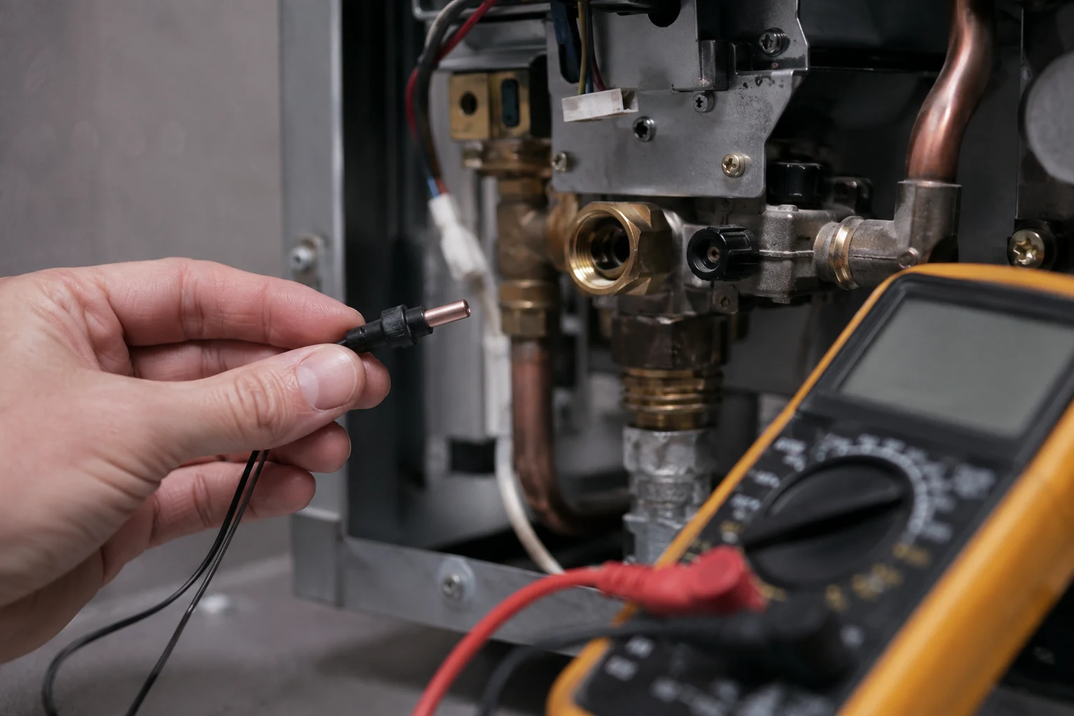 A Takagi inlet thermistor probe being tested with a multimeter on the ohms setting at the cold water inlet