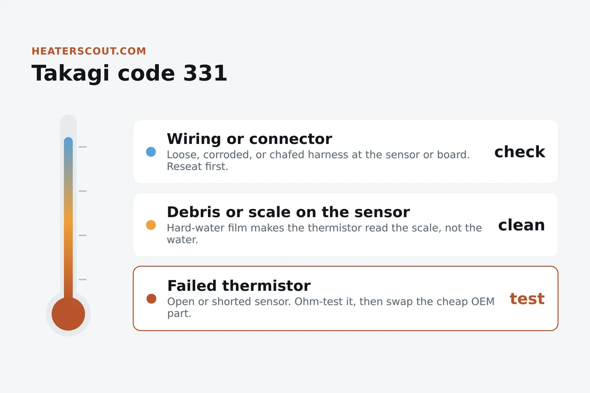 Thermometer infographic ranking Takagi code 331 causes: wiring and connectors, debris or scale on the sensor, and a failed thermistor