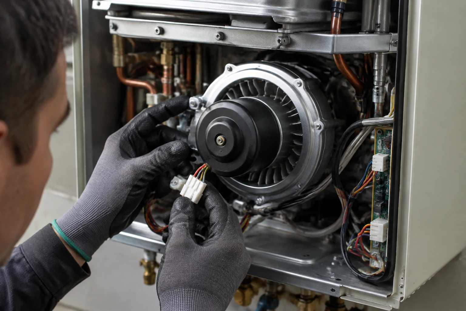 A Takagi combustion fan motor removed from the sealed burner compartment, showing dust buildup on the blower housing and the wiring connector