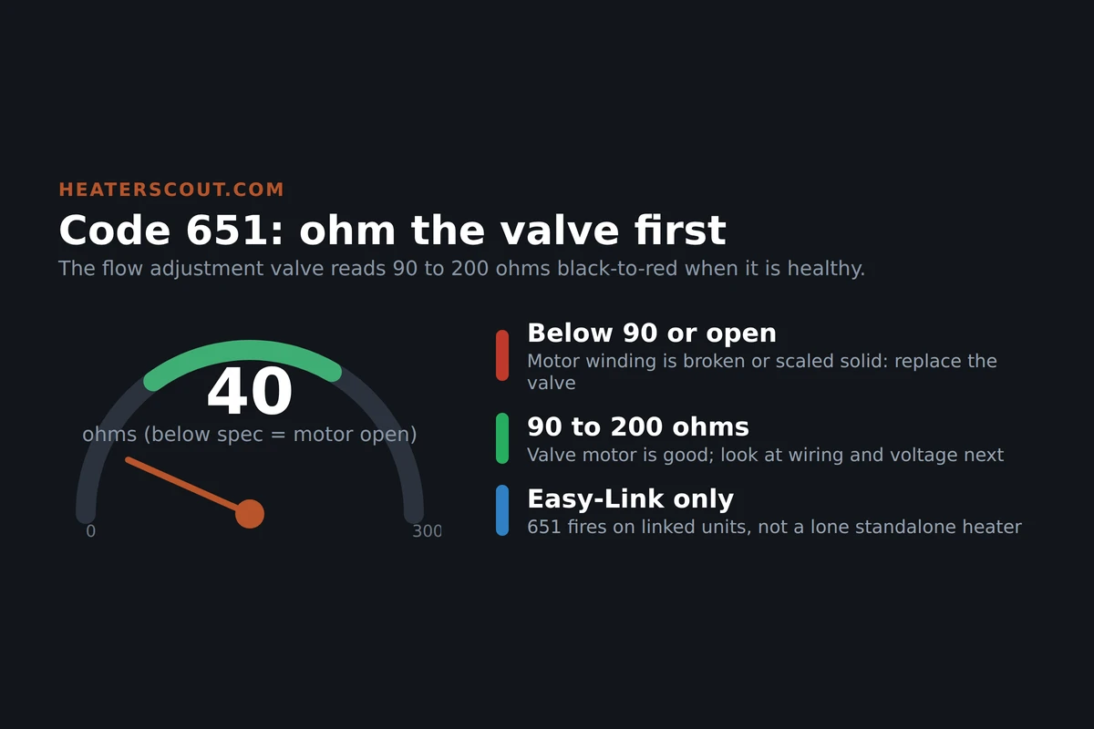 Gauge infographic for Takagi code 651 showing the flow adjustment valve resistance band, 90 to 200 ohms healthy, below spec meaning a failed motor