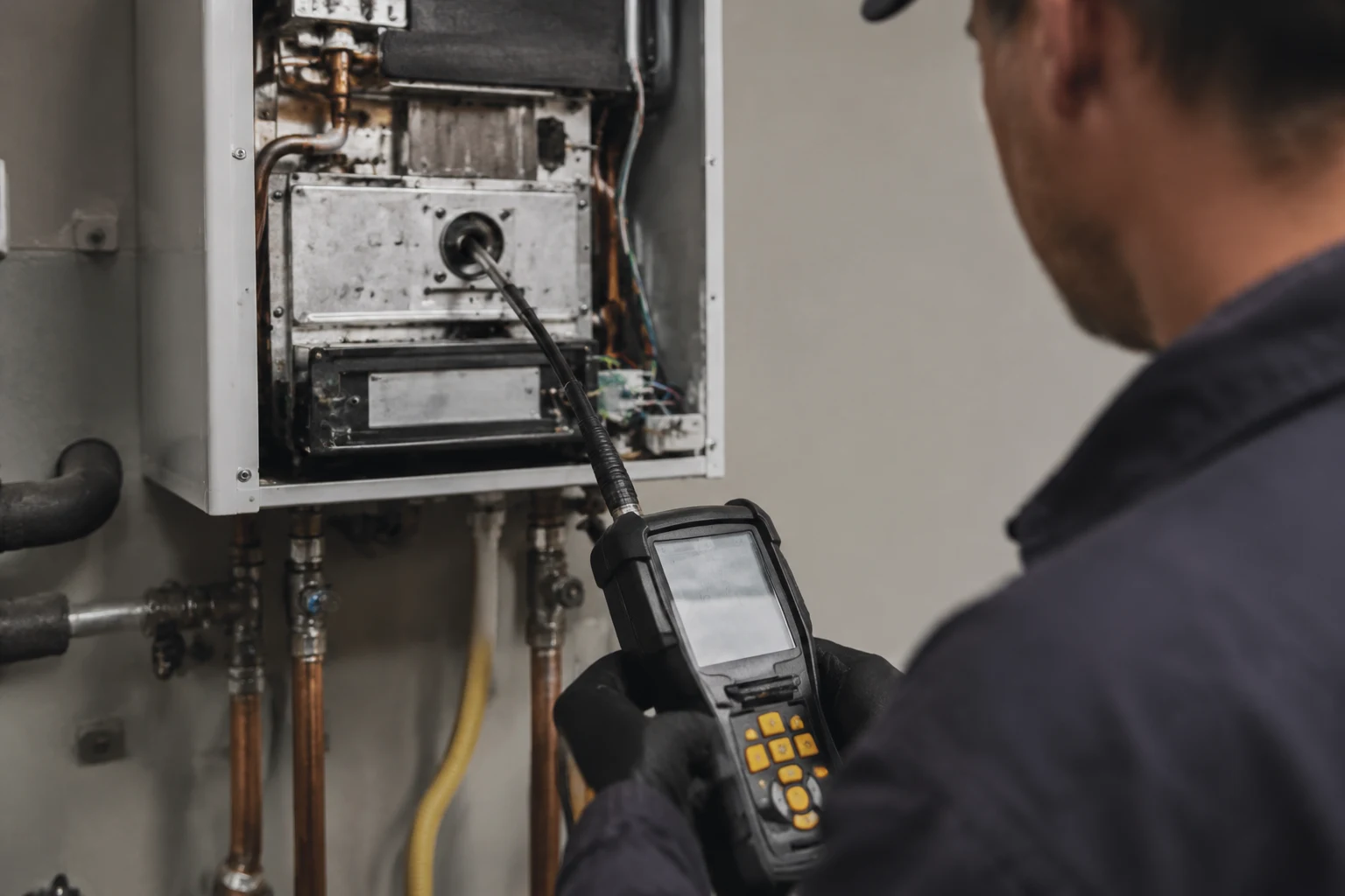 A technician holding a combustion analyzer probe in the flue of a tankless water heater, reading oxygen and carbon monoxide to diagnose an air-fuel ratio fault