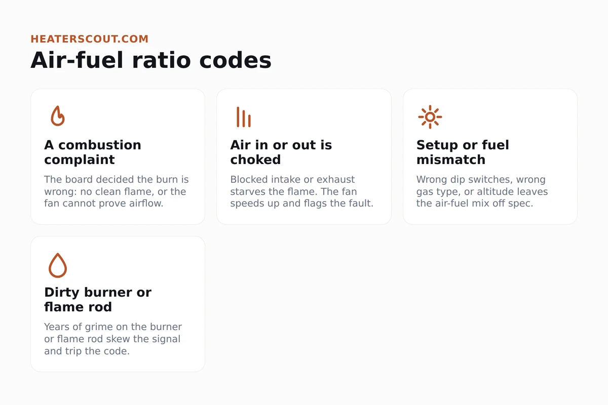 Icons infographic explaining the tankless air-fuel ratio and combustion error-code family, showing blocked airflow, setup or fuel mismatch, and a dirty burner or flame rod as the causes