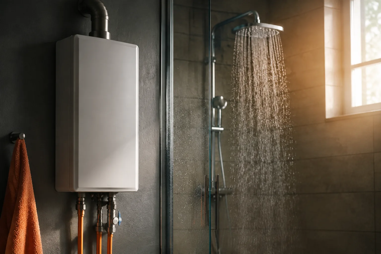 Shower running from a tankless water heater with a burst of cold water between hot