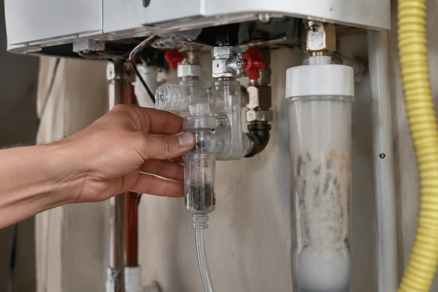 A condensing tankless heater condensate neutralizer cartridge opened up showing spent calcium carbonate chips next to fresh limestone media