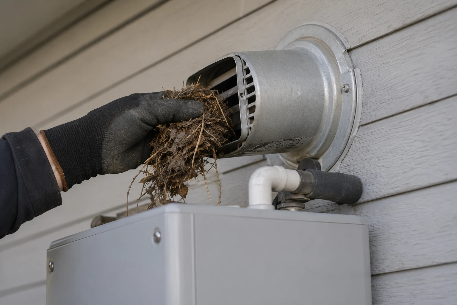 A tankless water heater sidewall vent termination clogged with a bird nest and ice on the intake screen, the common cause of a blocked-vent code