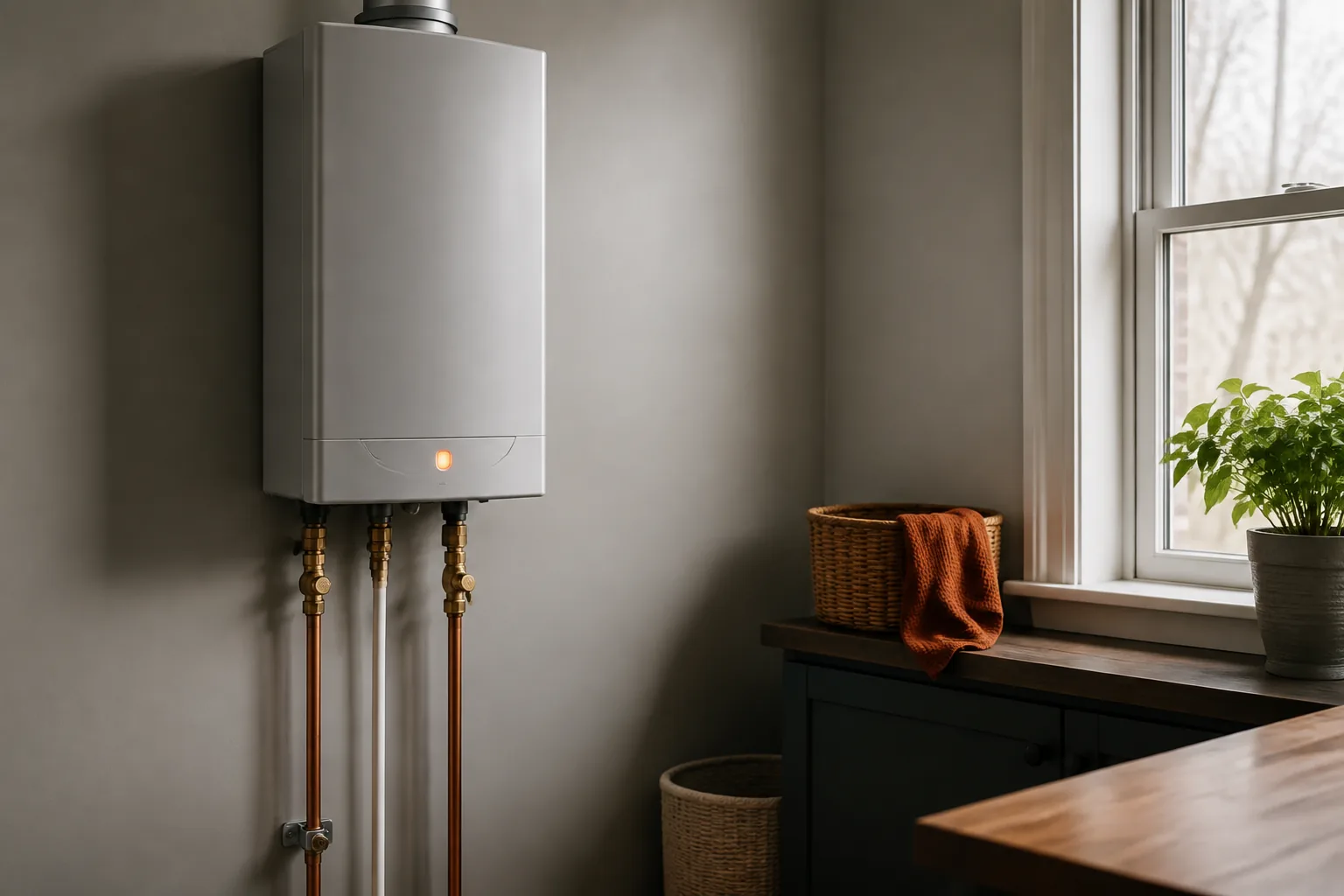 A plumber servicing and descaling a wall-mounted tankless water heater