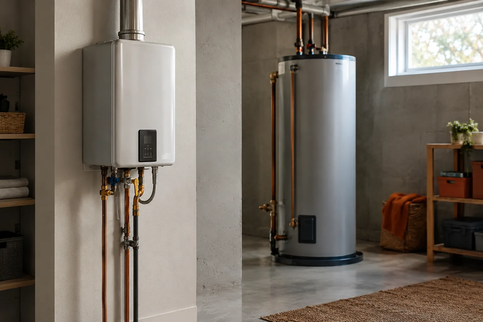 A wall-mounted tankless water heater next to a traditional storage tank water heater