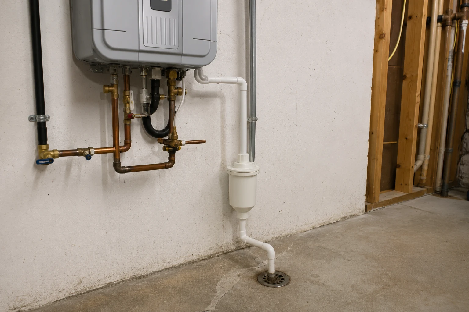 Condensate trap and limestone neutralizer cartridge plumbed below a wall-mounted condensing tankless water heater draining to a floor drain