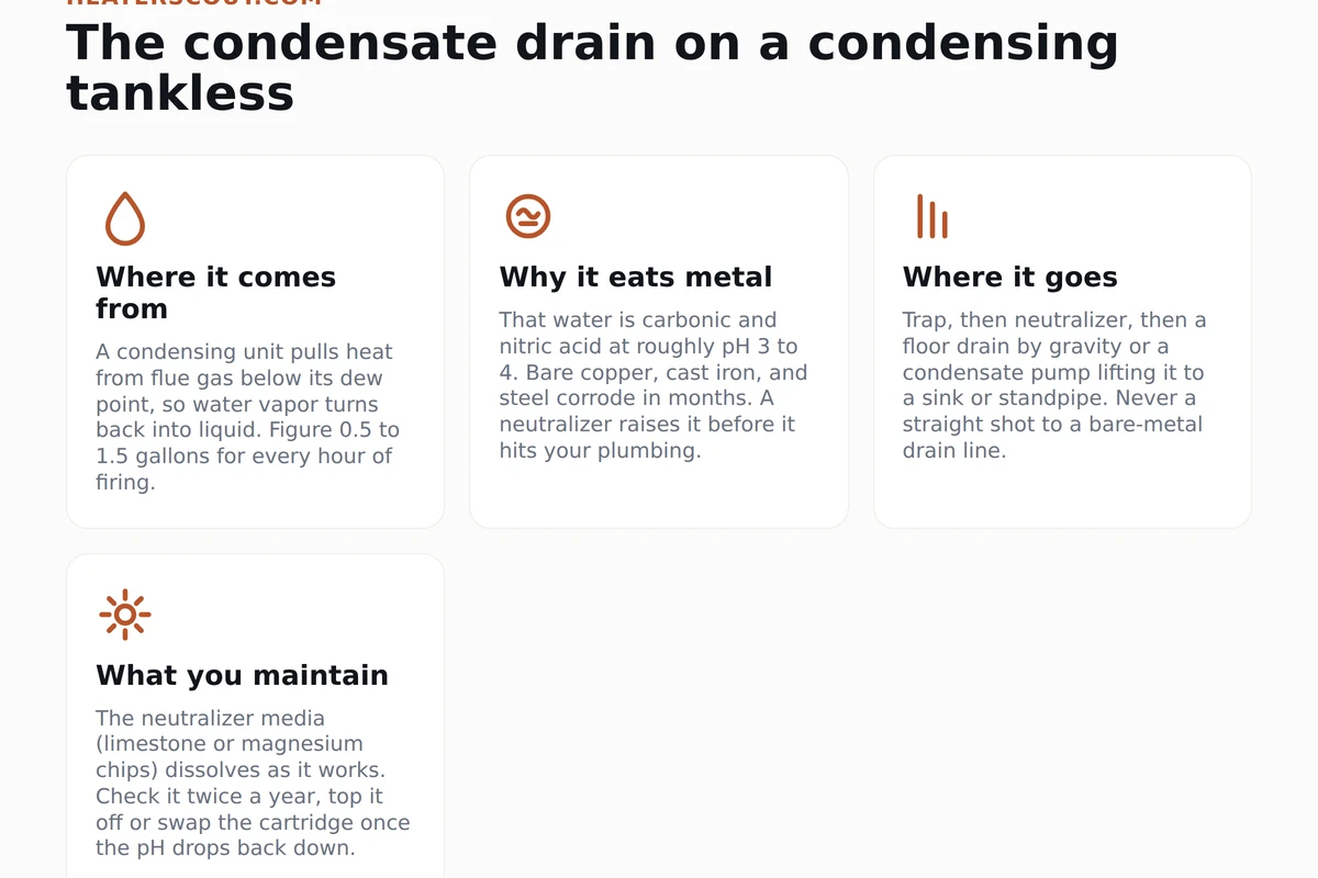 Four-part explainer of a condensing tankless condensate drain: where condensate comes from, why it is acidic, how it routes, and neutralizer maintenance