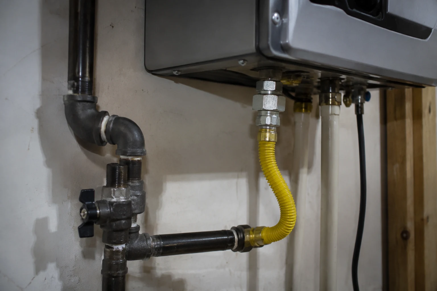 Black iron gas pipe running from a meter along a basement wall to a wall-mounted tankless water heater