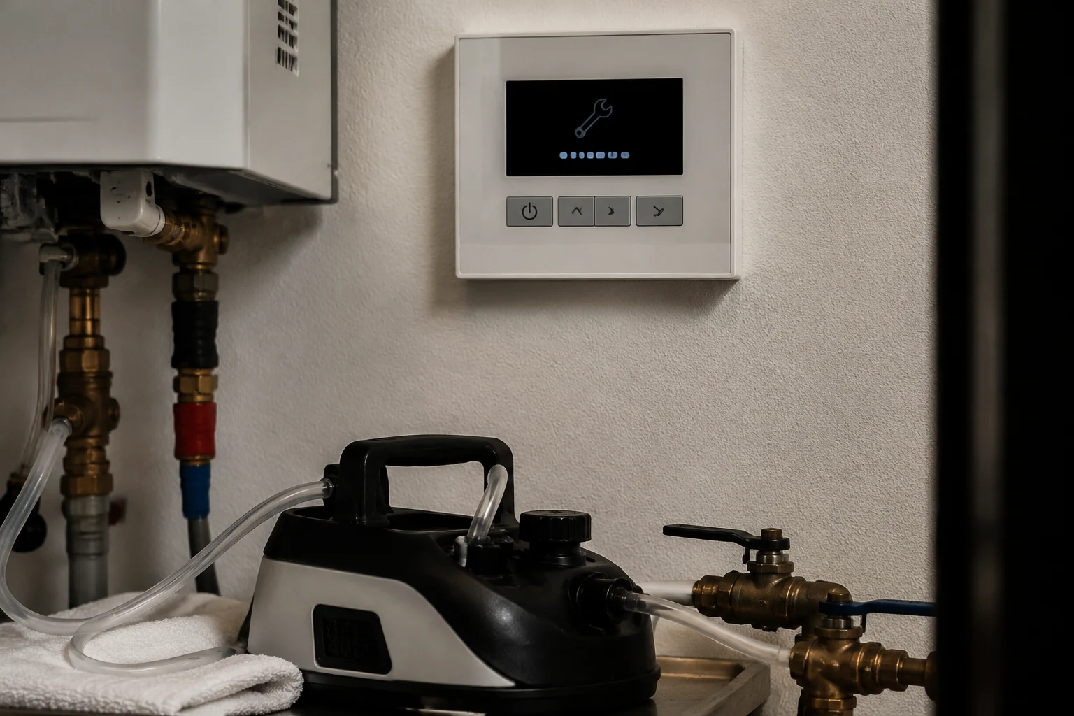 A gas tankless water heater with isolation service valves connected to hoses and a pump for descaling the heat exchanger
