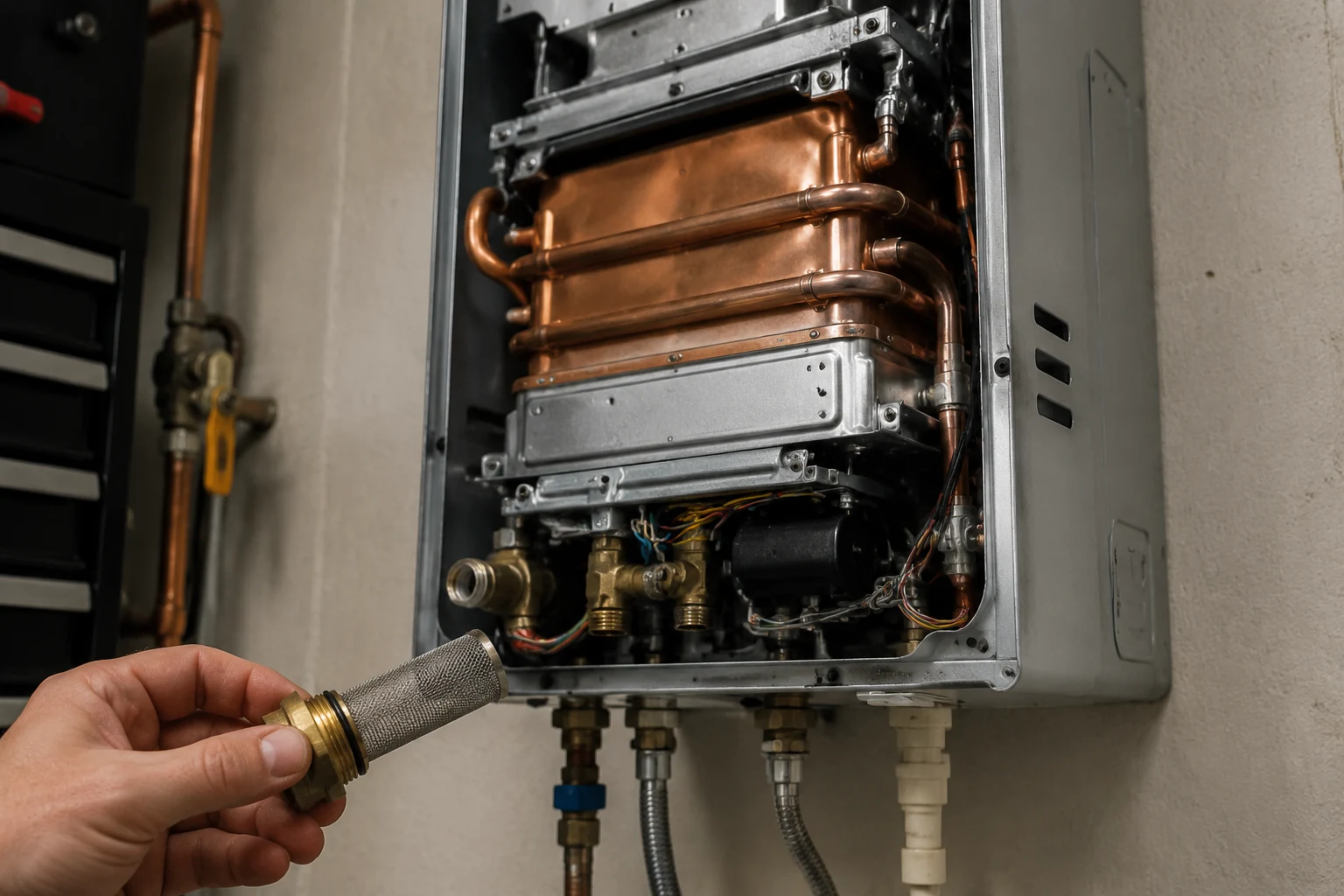Tankless water heater being descaled: two hoses on the isolation service valves and a pump circulating vinegar from a bucket