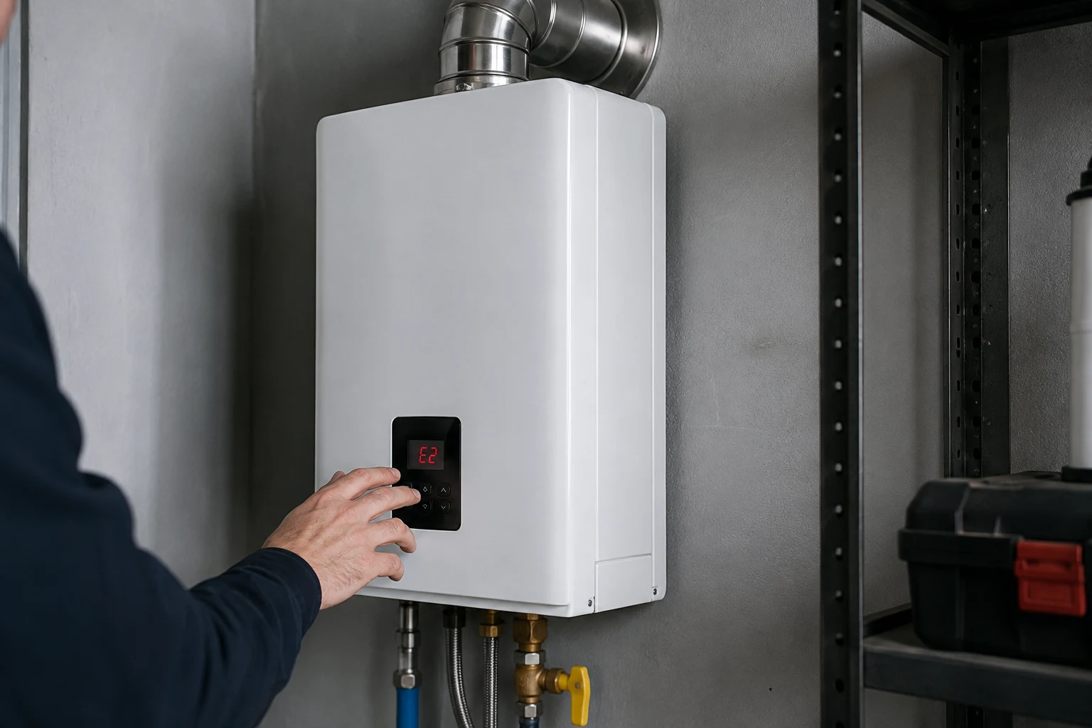 A wall-mounted gas tankless water heater with the front cover off showing the flow sensor on the cold inlet, the gas valve, the burner and igniter, the flame rod, and the exhaust vent connection, the parts a homeowner checks when the unit makes no hot water
