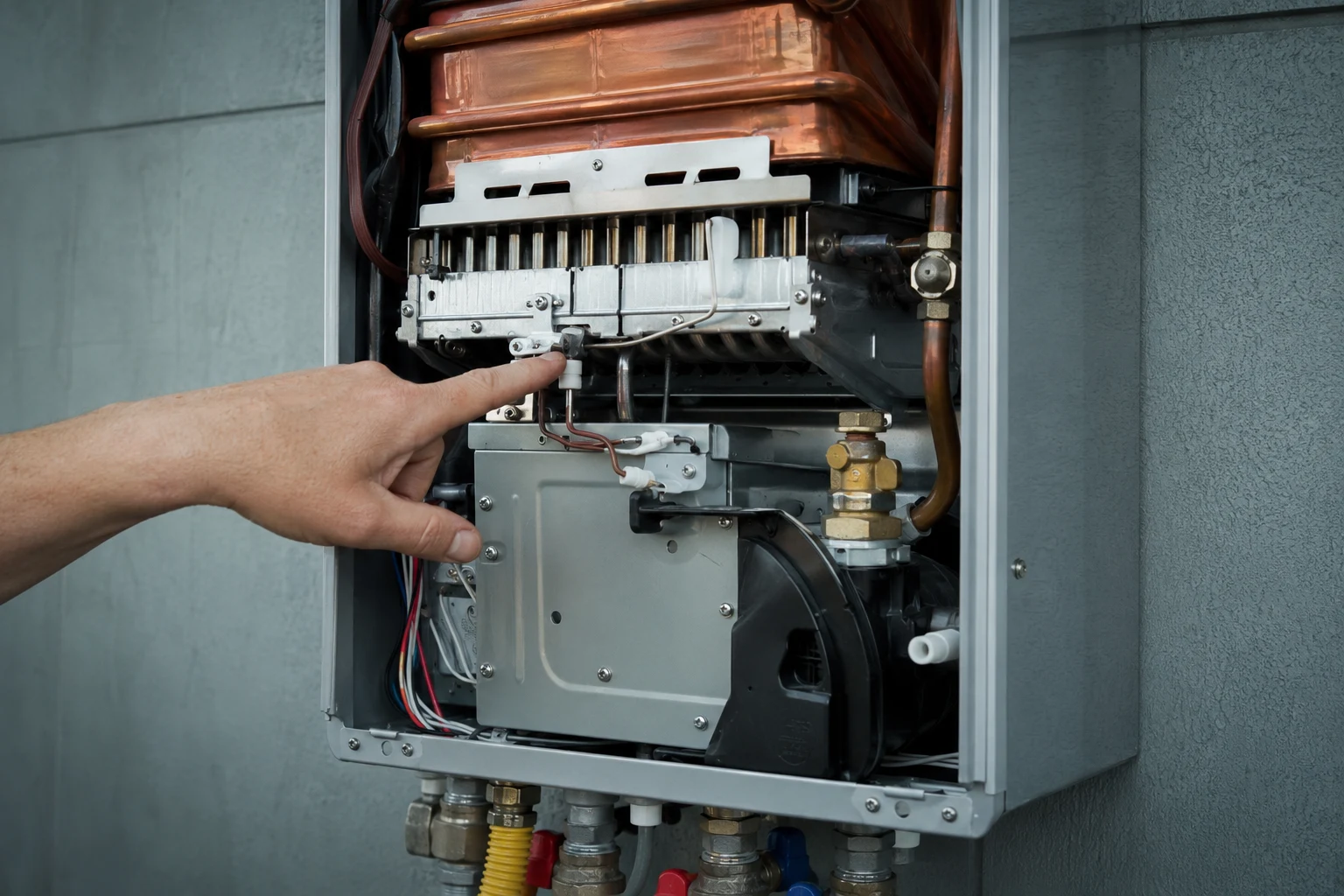 A gas tankless water heater with the front cover off showing the burner assembly, igniter, and flame sensing rod, the parts checked after gas and flow are ruled out