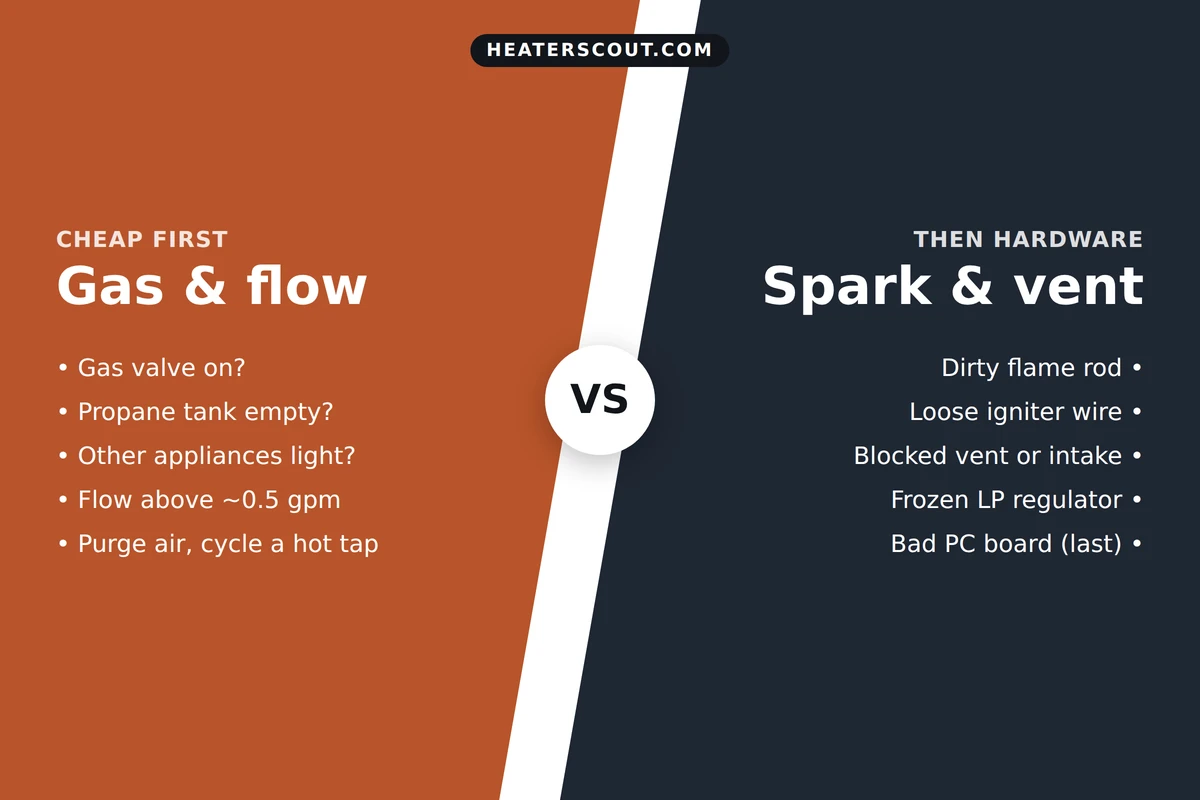 Tankless water heater ignition-failure troubleshooting map showing cheap gas and flow checks on one side and igniter, venting, and control board checks on the other