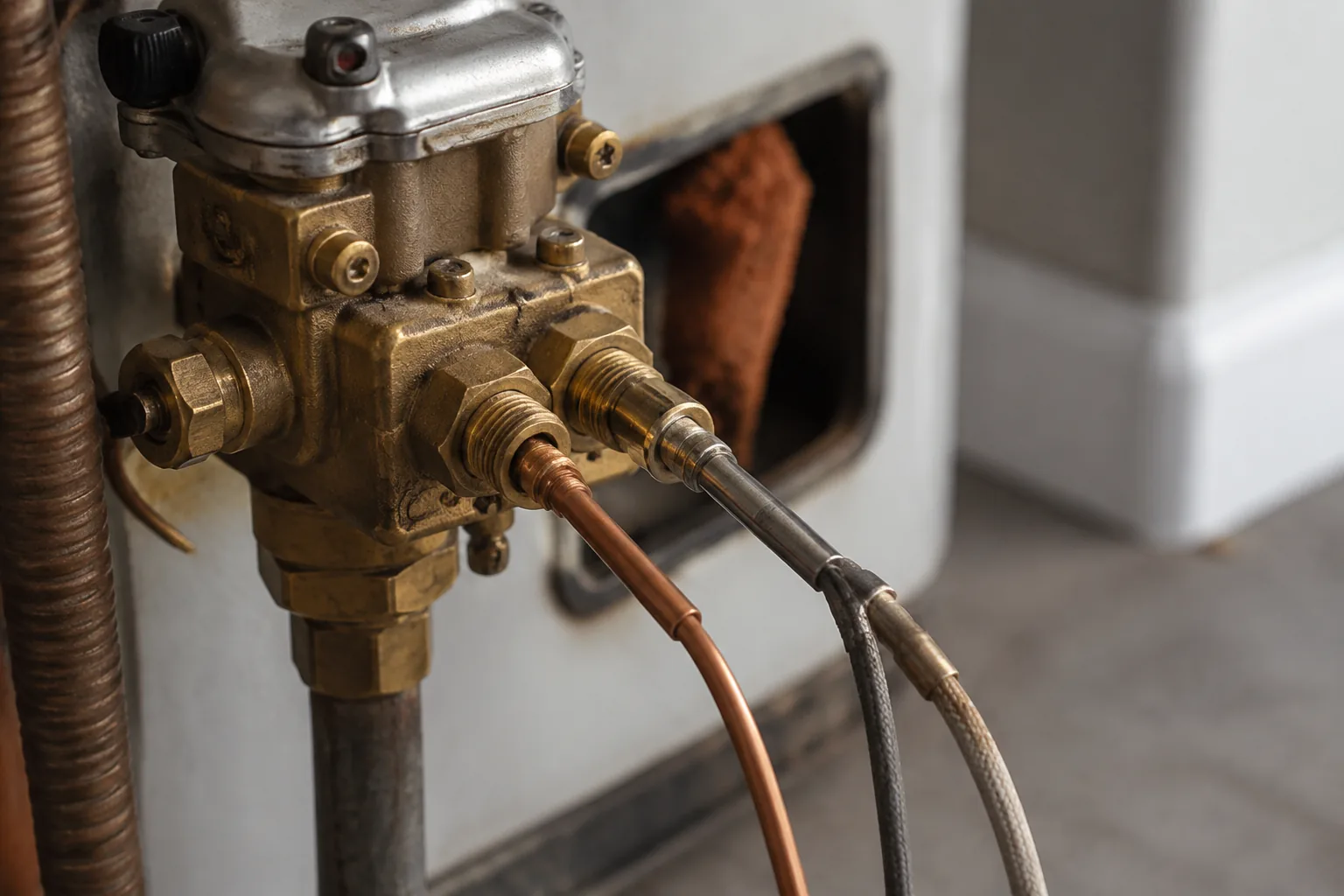Multimeter set to millivolts DC reading the output of a water heater pilot probe