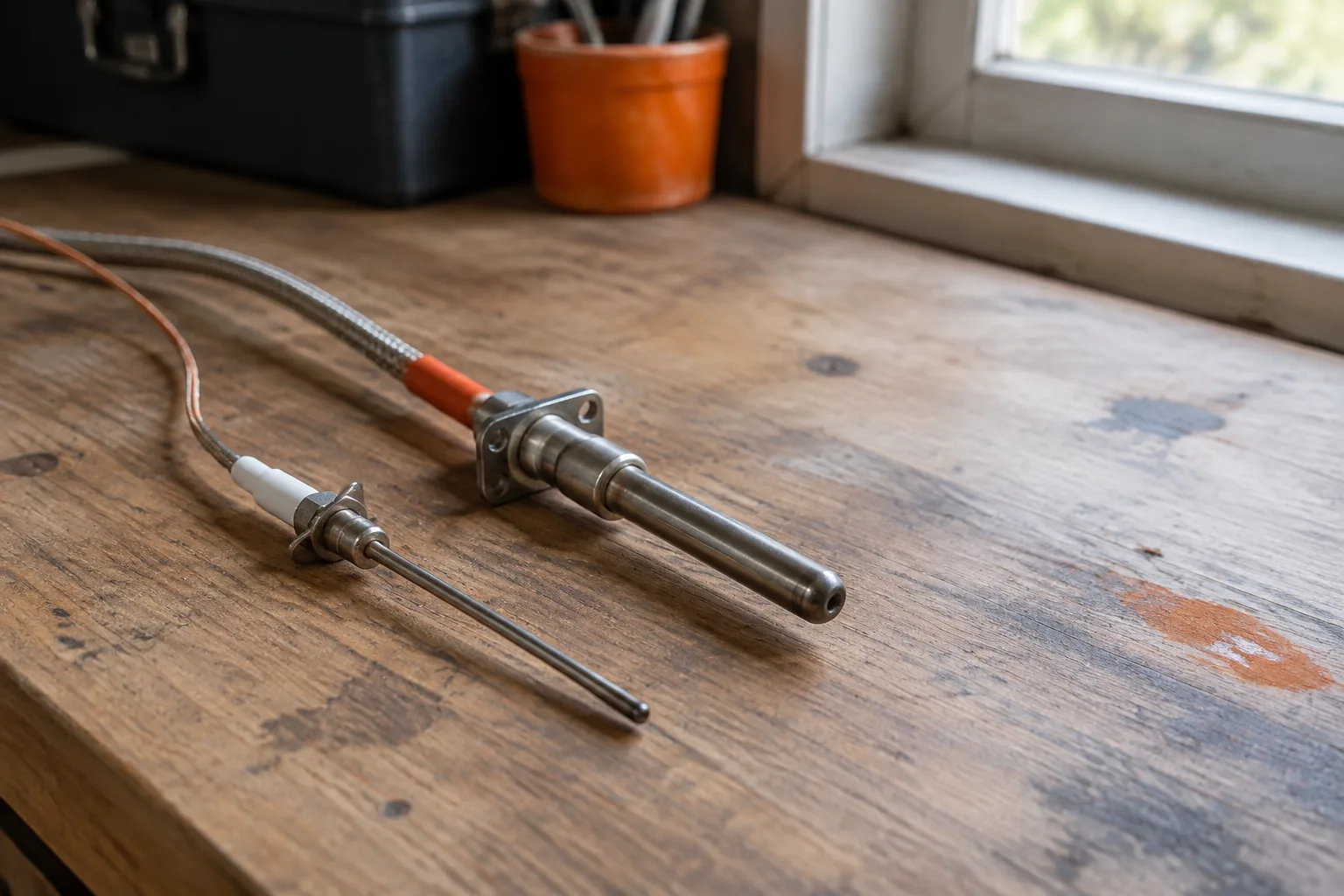 A thermocouple and a thermopile probe side by side next to a water heater gas valve