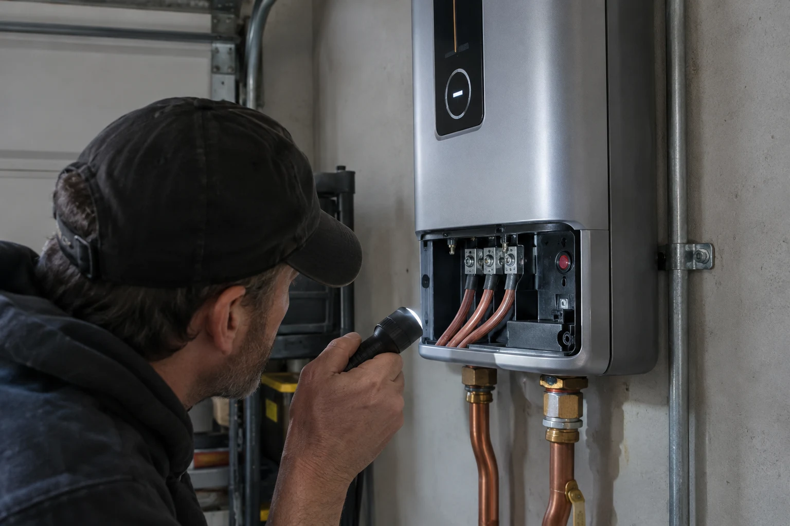 The cold-water inlet of a Titan tankless water heater with the filter screen removed, showing the magnetic flow switch tube where sediment and scale block activation