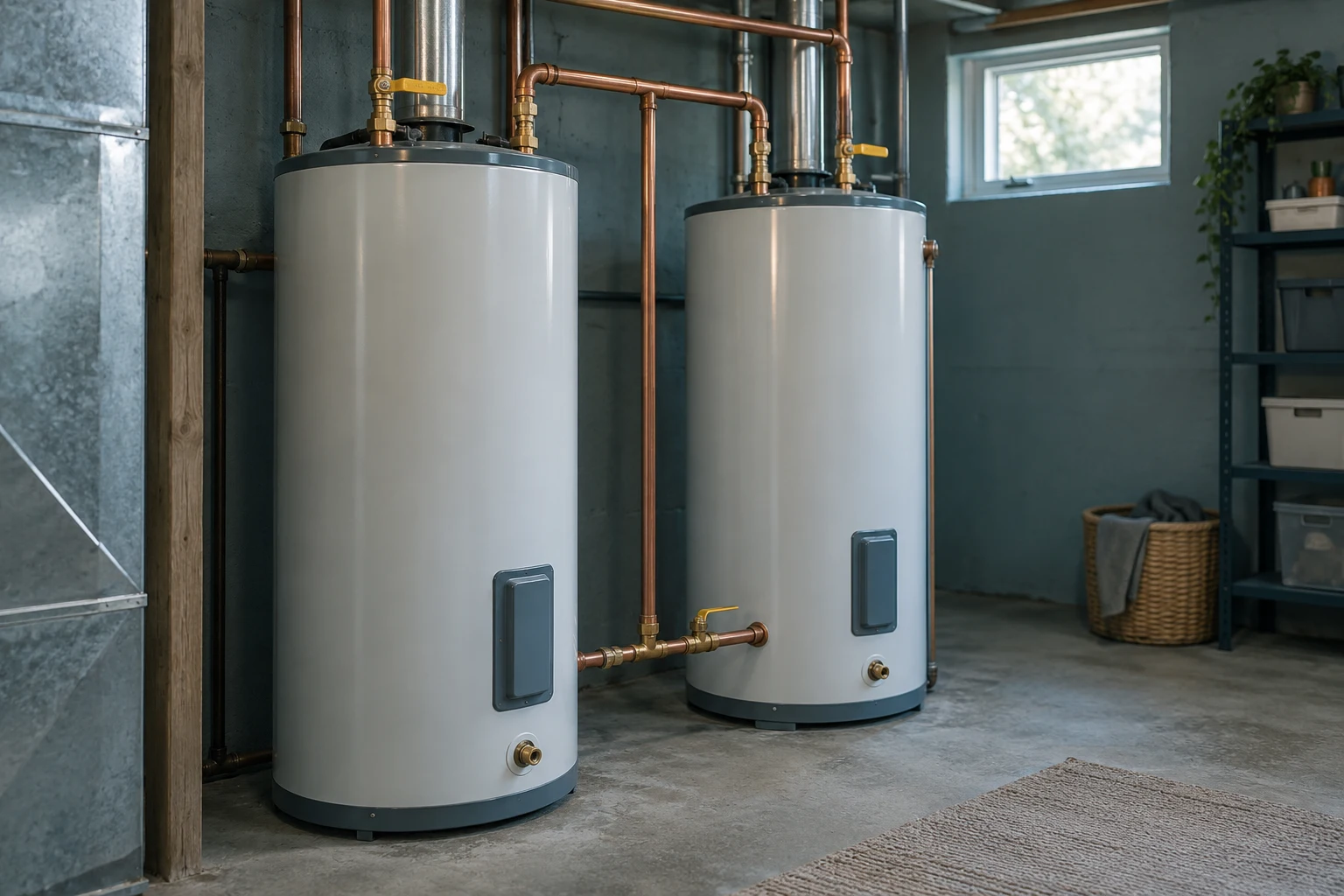 Two water heaters standing side by side in a utility room, tied into a shared cold supply and hot manifold with isolation valves on each tank