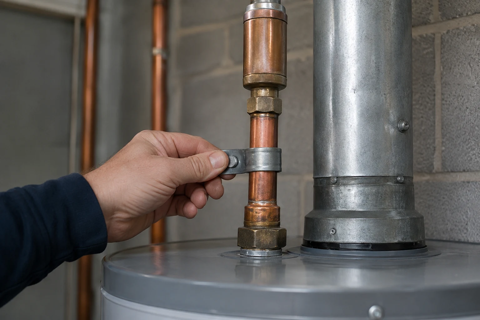 A screw-on water hammer arrestor installed on a washing machine supply valve between the shutoff and the braided fill hose, with a pressure gauge on an outside hose bib nearby