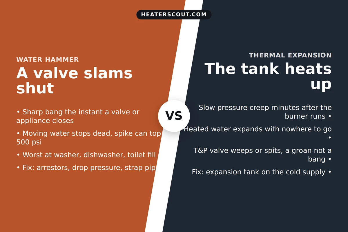 Split diagram contrasting water hammer, a sharp pressure spike when a valve slams shut sending a shockwave through the supply lines, against thermal expansion, a slow pressure rise as the water heater warms water in a closed system and the relief valve weeps