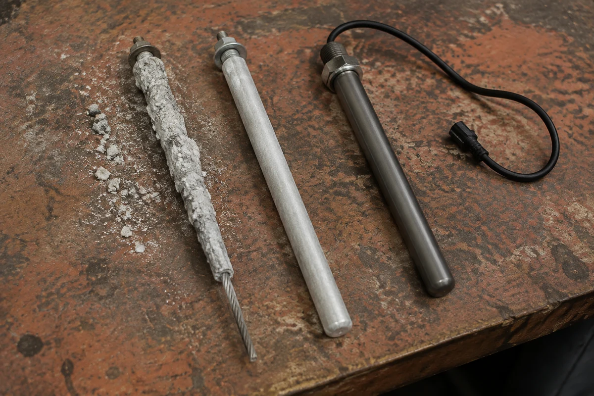 A corroded magnesium anode rod next to a new aluminum rod and a powered titanium anode
