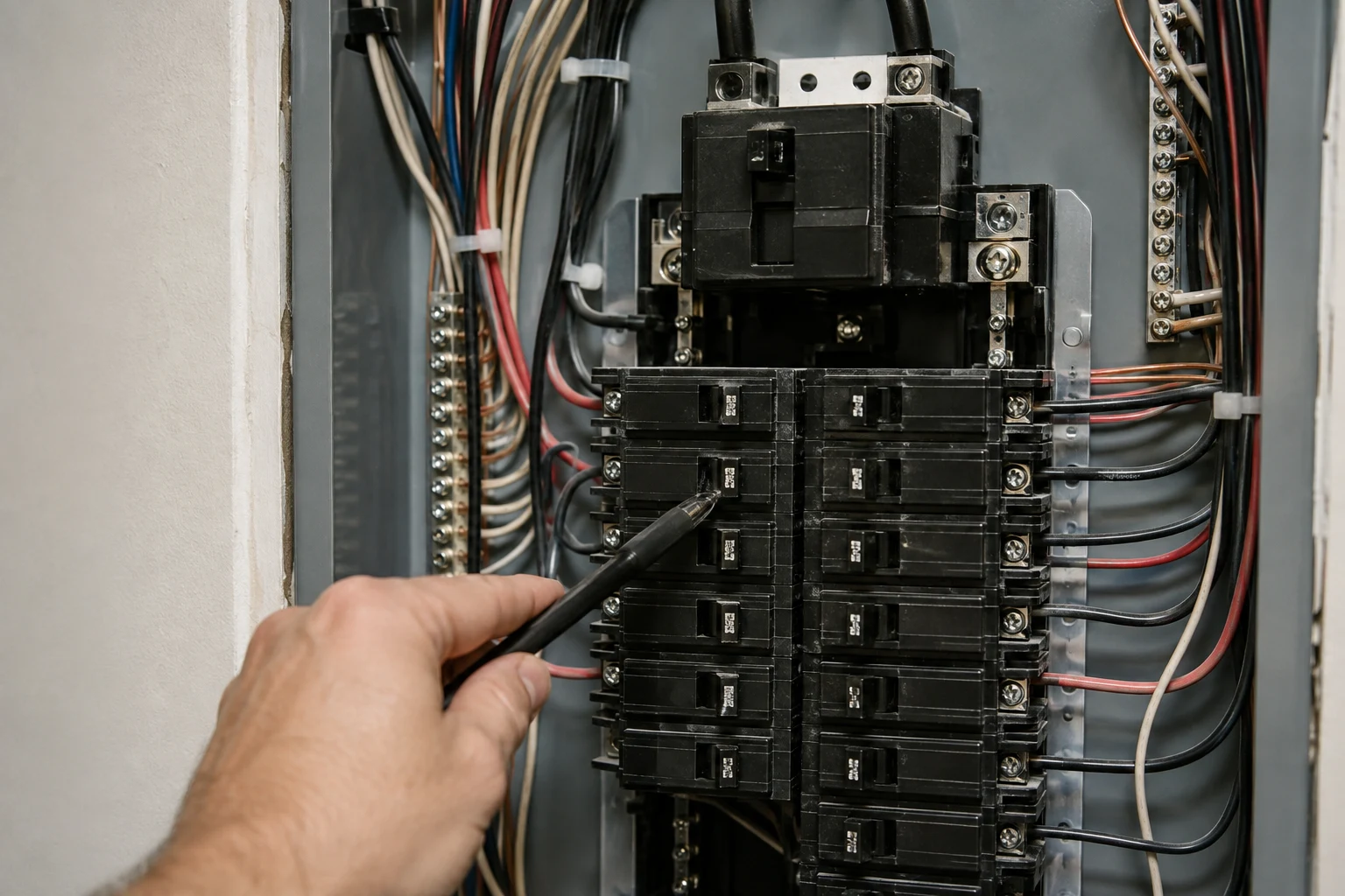 Electrician connecting a 10 AWG copper cable to a 30-amp two-pole breaker in a residential panel for a dedicated water-heater circuit