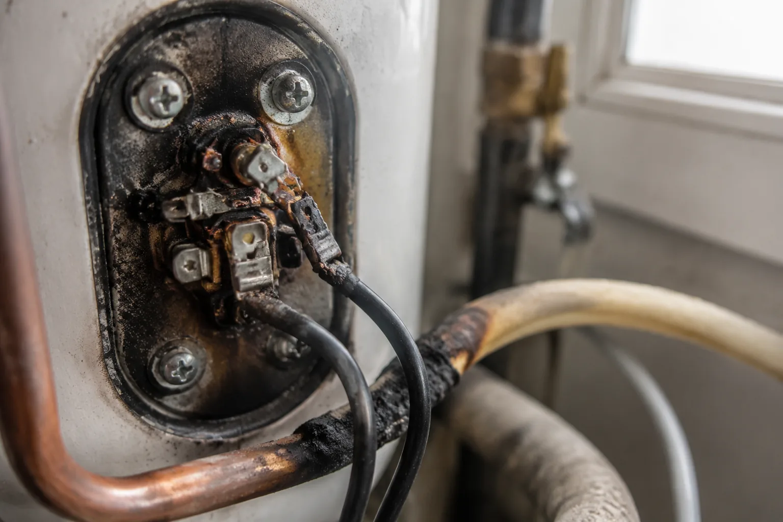 Close view of an electric water heater terminal and wiring with signs of heat scorching