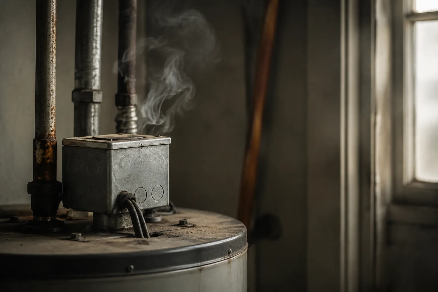 Water heater with a person leaning in to identify a burning smell near the unit