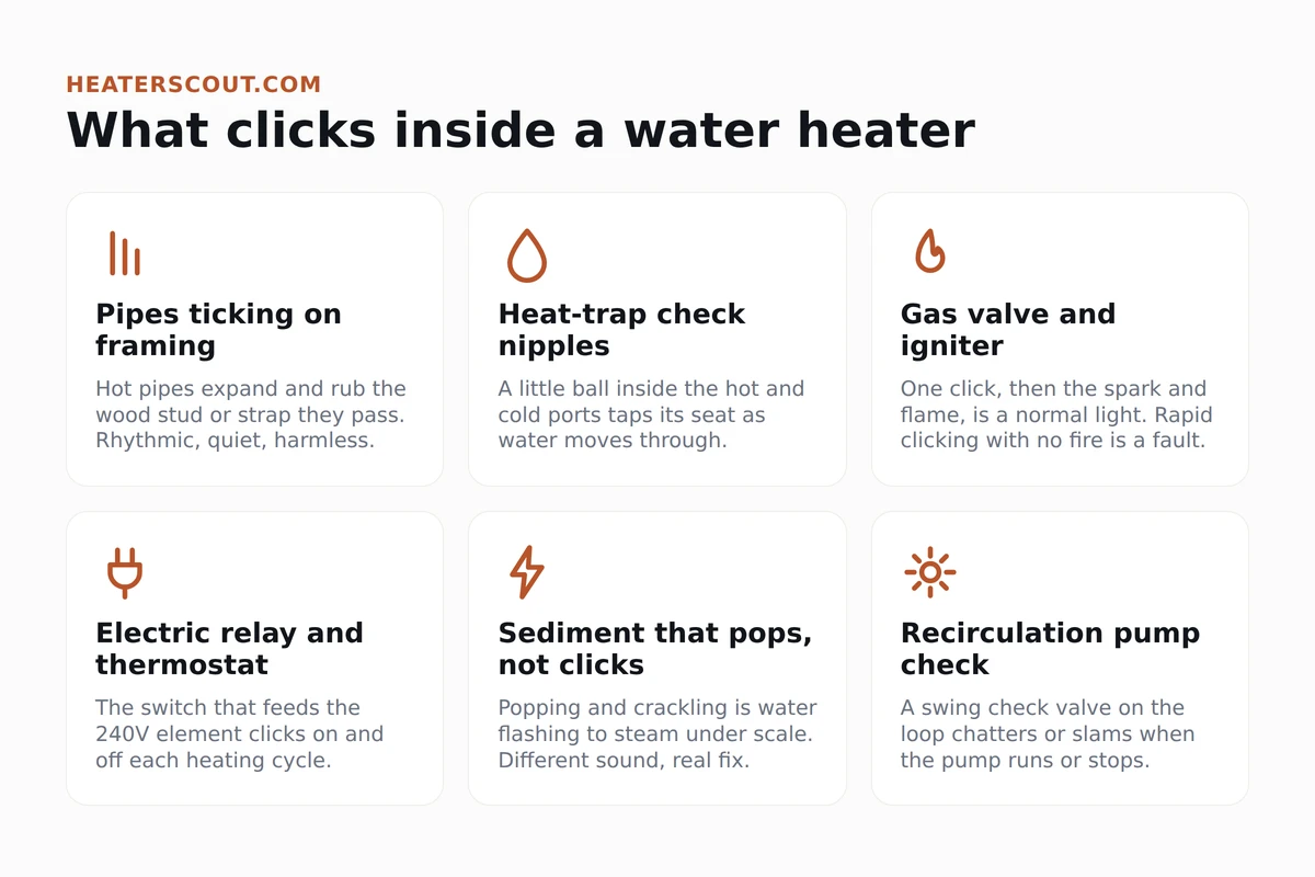Diagram of the six common sources of a water heater clicking noise: pipes expanding against framing, heat-trap check nipples, the gas control valve and igniter, the electric relay and thermostat, sediment that pops rather than clicks, and a recirculation pump check valve