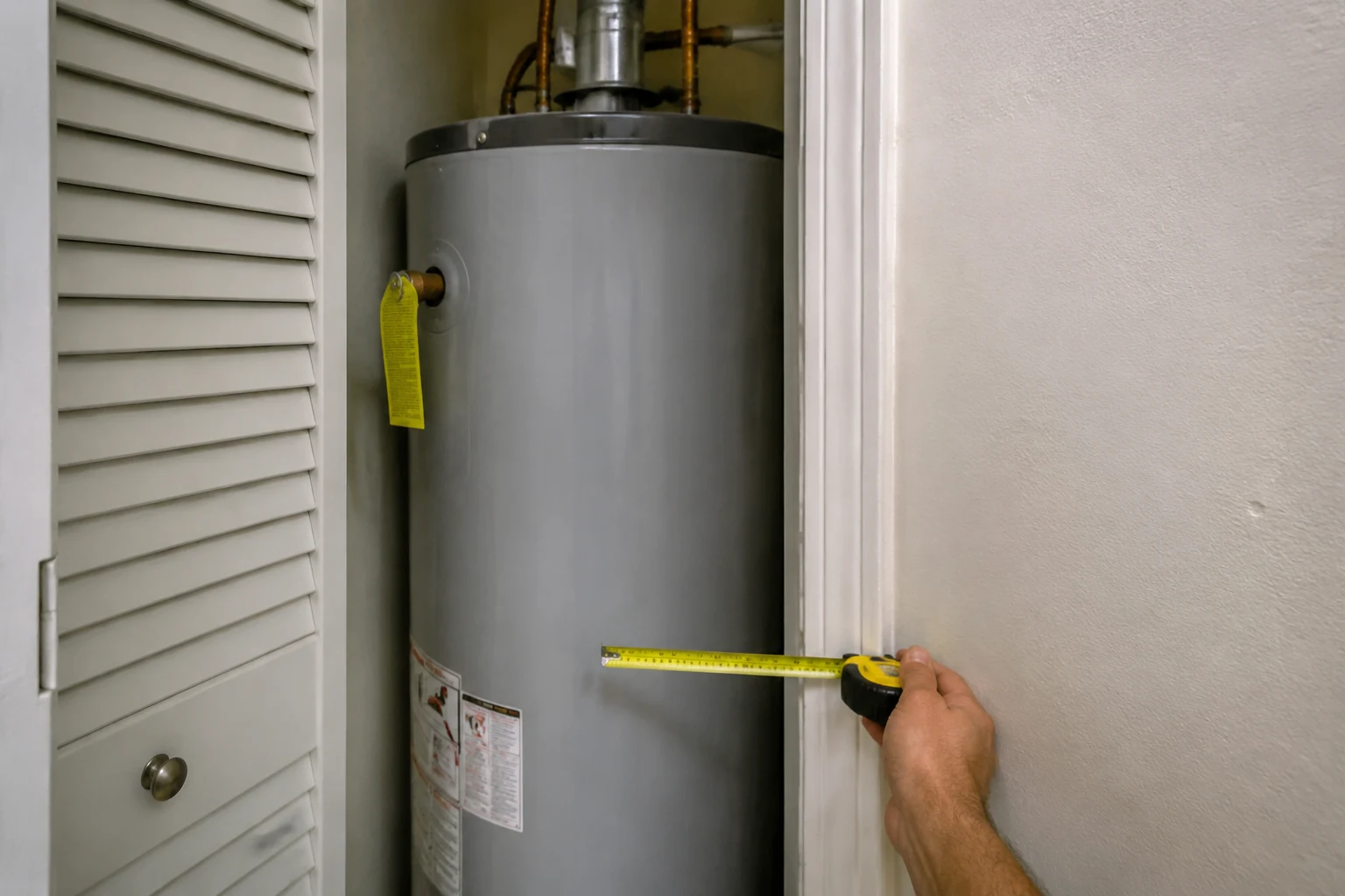 Gas water heater installed in a utility closet with high and low louvered combustion air openings in the door and a draft hood venting to a flue