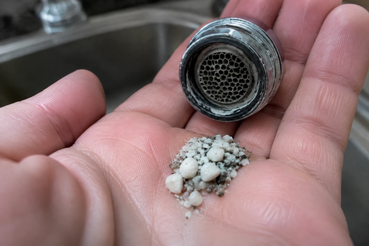 A cleaned faucet aerator held over a hand with small white plastic particles from a failed dip tube