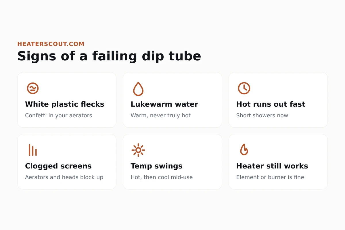 Icon grid of dip tube failure symptoms: plastic flecks, lukewarm water, short showers, clogged aerators