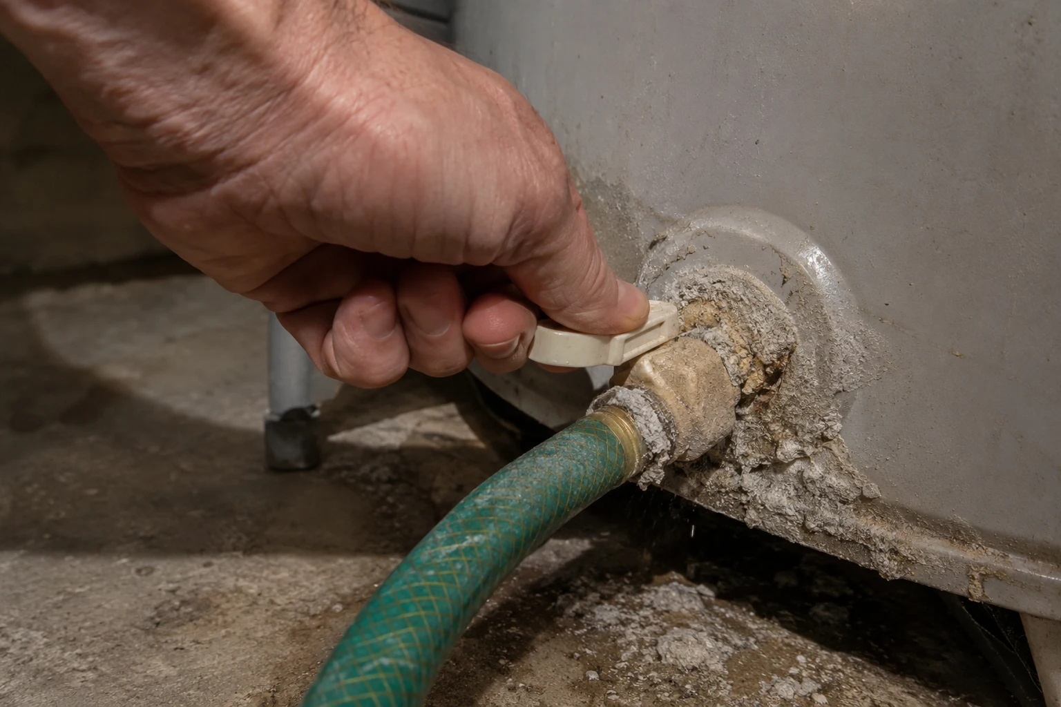 A brass full-port ball valve installed as a replacement drain valve at the bottom of a water heater tank, its lever open