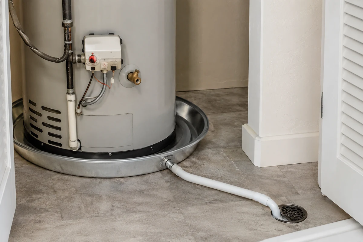 Water heater standing in a metal drip pan with a drain line running to a floor drain