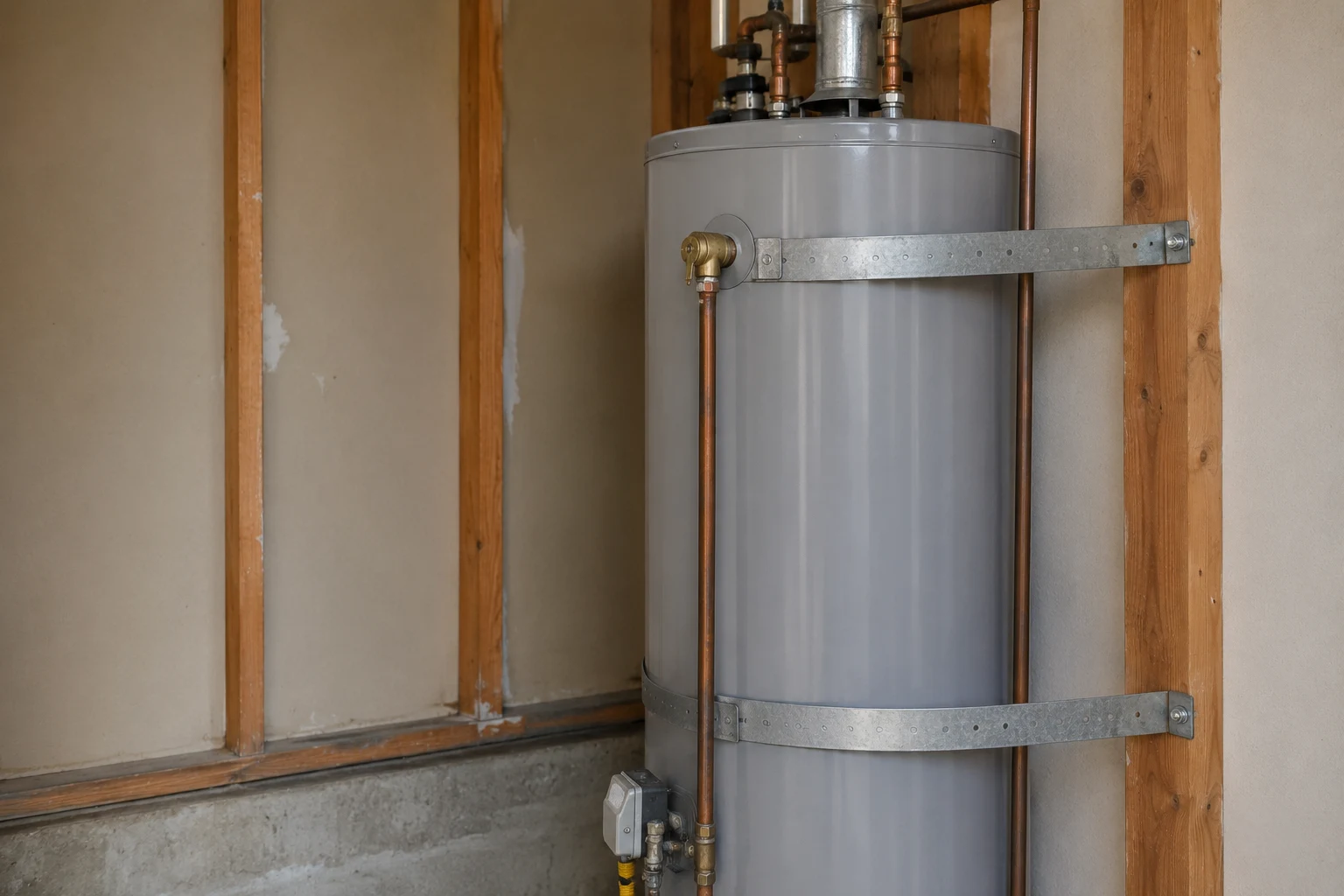 A tank water heater with two metal earthquake straps wrapped fully around it and lag-screwed into wall studs on both sides
