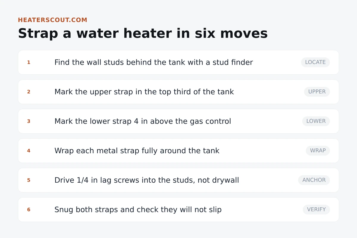 Diagram of a top-heavy water heater tank restrained by upper and lower earthquake straps lagged into wall studs
