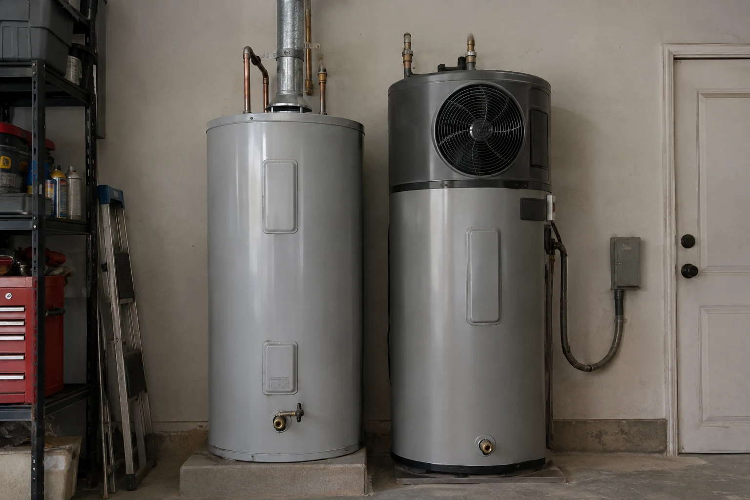 Hybrid heat pump water heater installed in a home basement utility area with the compressor unit on top of the tank