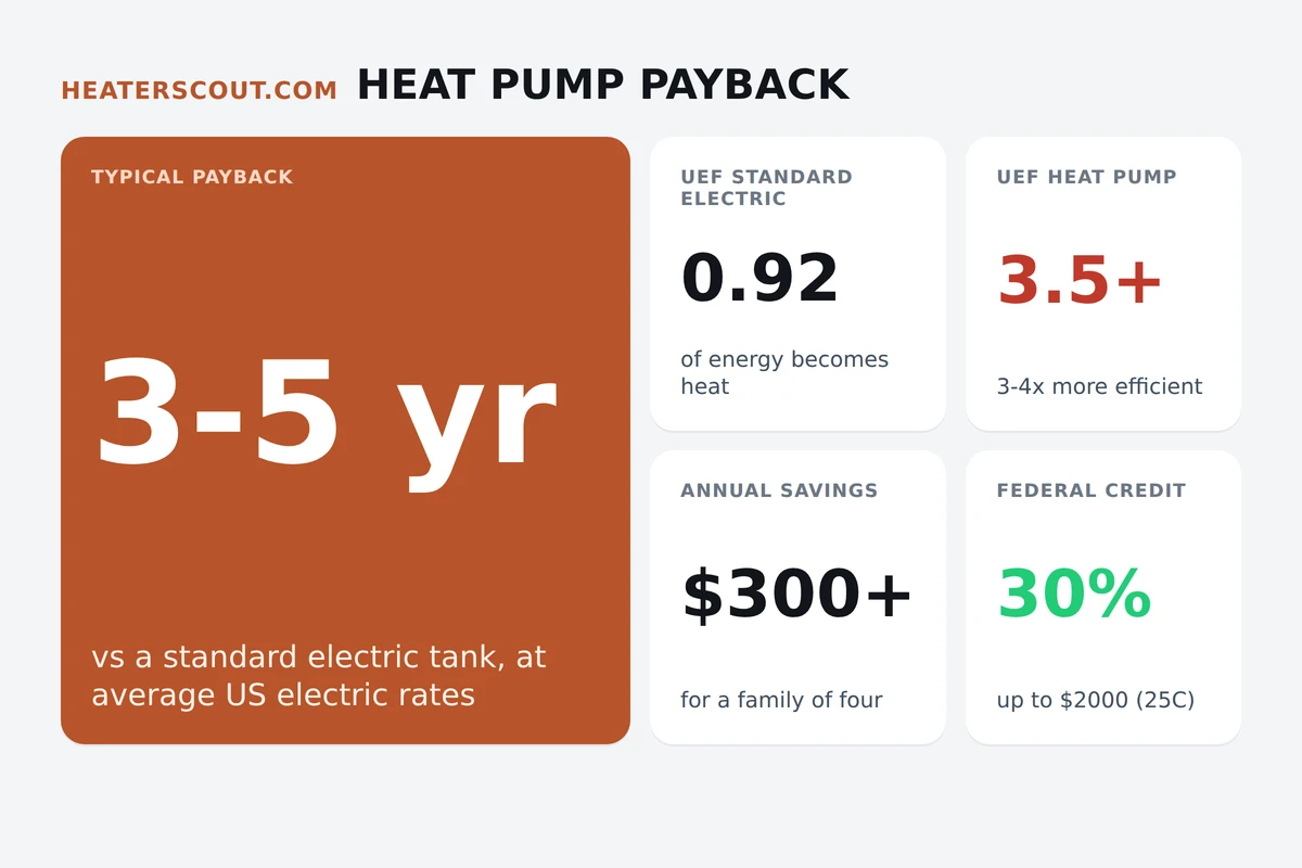 Bento chart comparing heat pump water heater payback, UEF 3.5 versus 0.92 standard electric, annual savings and the 30 percent federal tax credit
